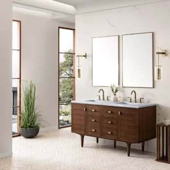 Amberly 60" Double Vanity, Mid-Century Walnut w/ 3 CM Carrara Marble Top - Image 5
