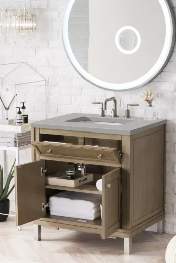 Chicago 30" Single Vanity, Whitewashed Walnut w/ 3 CM Eternal Serena Quartz Top - Image 6