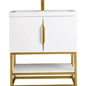 Columbia 31.5″ Single Vanity, Glossy White, Radiant Gold, w/ White Glossy Composite Stone Top