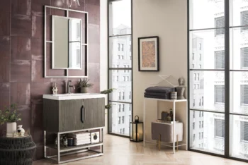 Columbia 31.5" Single Vanity, Ash Gray, Brushed Nickel, w/ White Glossy Composite Stone Top - Image 3