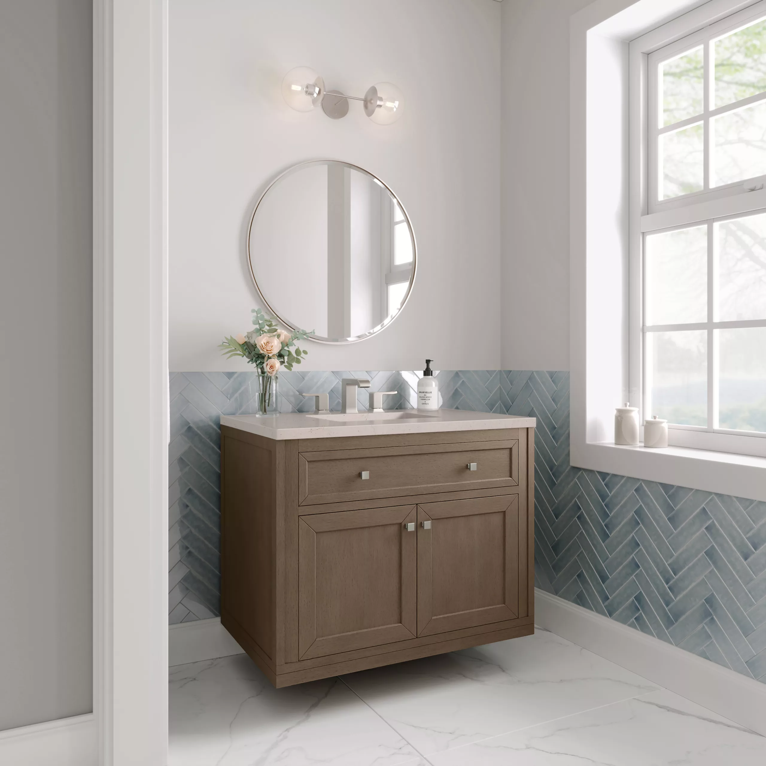 Chicago 36" Single Vanity, Whitewashed Walnut w/ 3 CM Eternal Marfil Quartz Top - Image 5