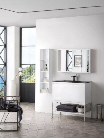 Mantova 35.4" Single Vanity, Glossy White, Brushed Nickel Base w/ Charcoal Black Composite Stone Top - Image 3