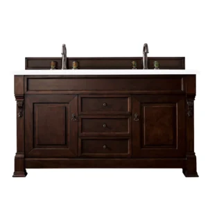 Brookfield 60″ Double Vanity, Burnished Mahogany w/ 3 CM White Zeus Quartz Top