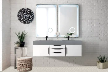 Mercer Island 59" Double Vanity, Glossy White, Matte Black w/ Dusk Grey Glossy Composite Stone Top - Image 2