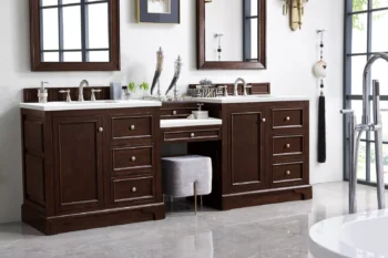 De Soto 94" Double Vanity Set, Burnished Mahogany w/ 3 CM White Zeus Quartz Top - Image 4