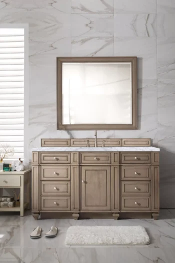 Bristol 60" Single Vanity, Whitewashed Walnut w/ 3 CM Carrara Marble Top - Image 2