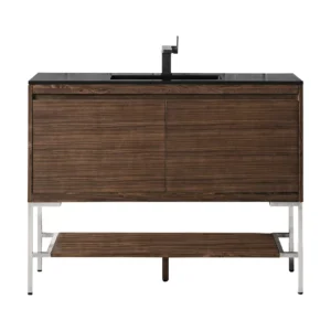 Mantova 47.3″ Single Vanity, Mid-Century Walnut, Brushed Nickel Base w/ Charcoal Black Composite Stone Top