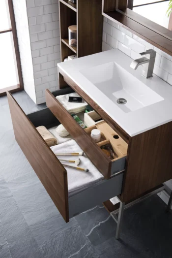 Milan 31.5" Single Vanity, Mid-Century Walnut, Brushed Nickel w/ Glossy White Composite Stone Top - Image 4