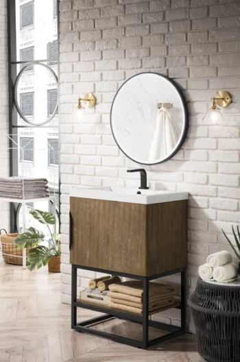 Columbia 24" Single Vanity, Latte Oak, Matte Black w/ White Glossy Composite Stone Top - Image 3