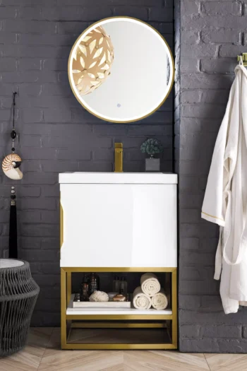 Columbia 24" Single Vanity, Glossy White, Radiant Gold w/ White Glossy Composite Stone Top - Image 2