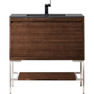 Mantova 35.4″ Single Vanity, Mid-Century Walnut, Brushed Nickel Base w/ Charcoal Black Composite Stone Top