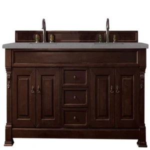 Brookfield 72″ Double Vanity, Burnished Mahogany w/ 3 CM Grey Expo Quartz Top