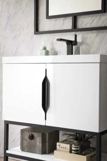 Columbia 31.5" Single Vanity, Glossy White, Matte Black, w/ White Glossy Composite Stone Top - Image 5