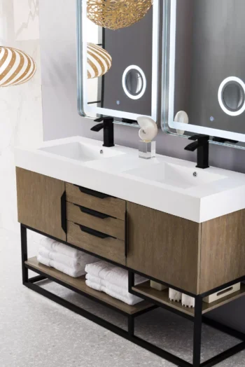 Columbia 59" Double Vanity, Latte Oak, Matte Black w/ Glossy White Composite Stone Top - Image 3