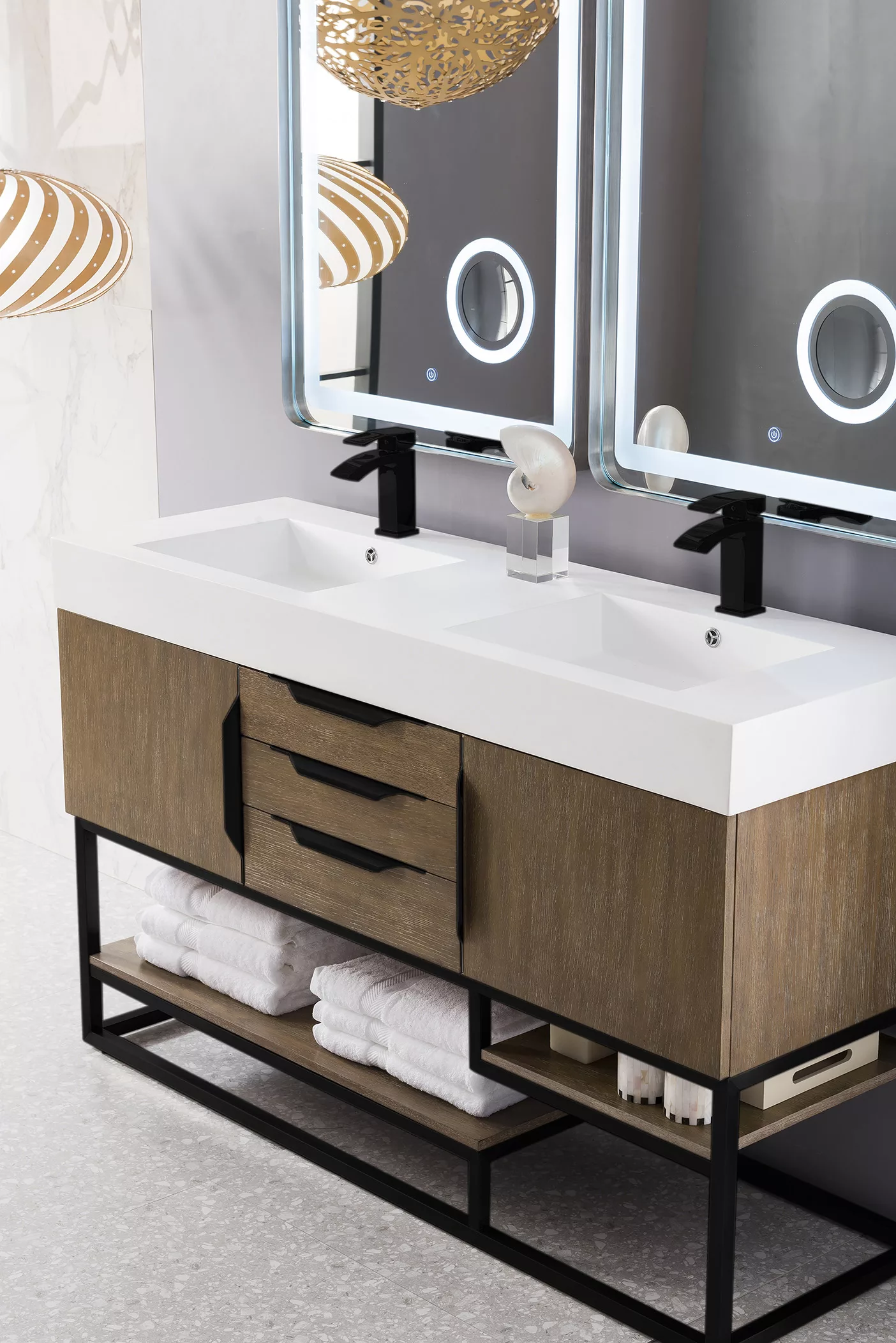 Columbia 59" Double Vanity, Latte Oak, Matte Black w/ Glossy White Composite Stone Top - Image 3