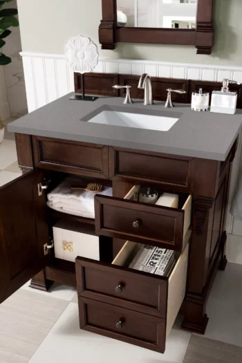 Brookfield 36" Single Vanity, Burnished Mahogany w/ 3 CM Grey Expo Top - Image 4