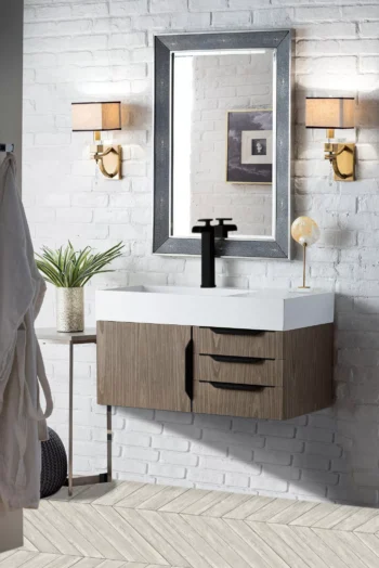 Mercer Island 36" Single Vanity, Ash Gray, Matte Black w/ Glossy White Composite Stone Top - Image 3