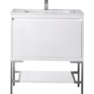 Milan 31.5″ Single Vanity, Glossy White, Brushed Nickel w/ Glossy White Composite Stone Top