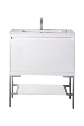 Mantova 31.5" Single Vanity, Glossy White, Brushed Nickel Base w/ Glossy White Composite Stone Top