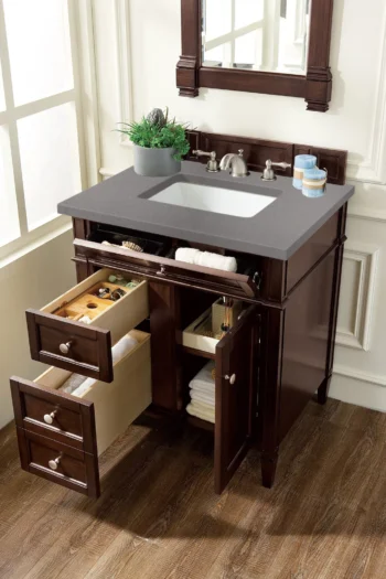Brittany 30" Single Vanity, Burnished Mahogany, w/ 3 CM Grey Expo Quartz Top - Image 4