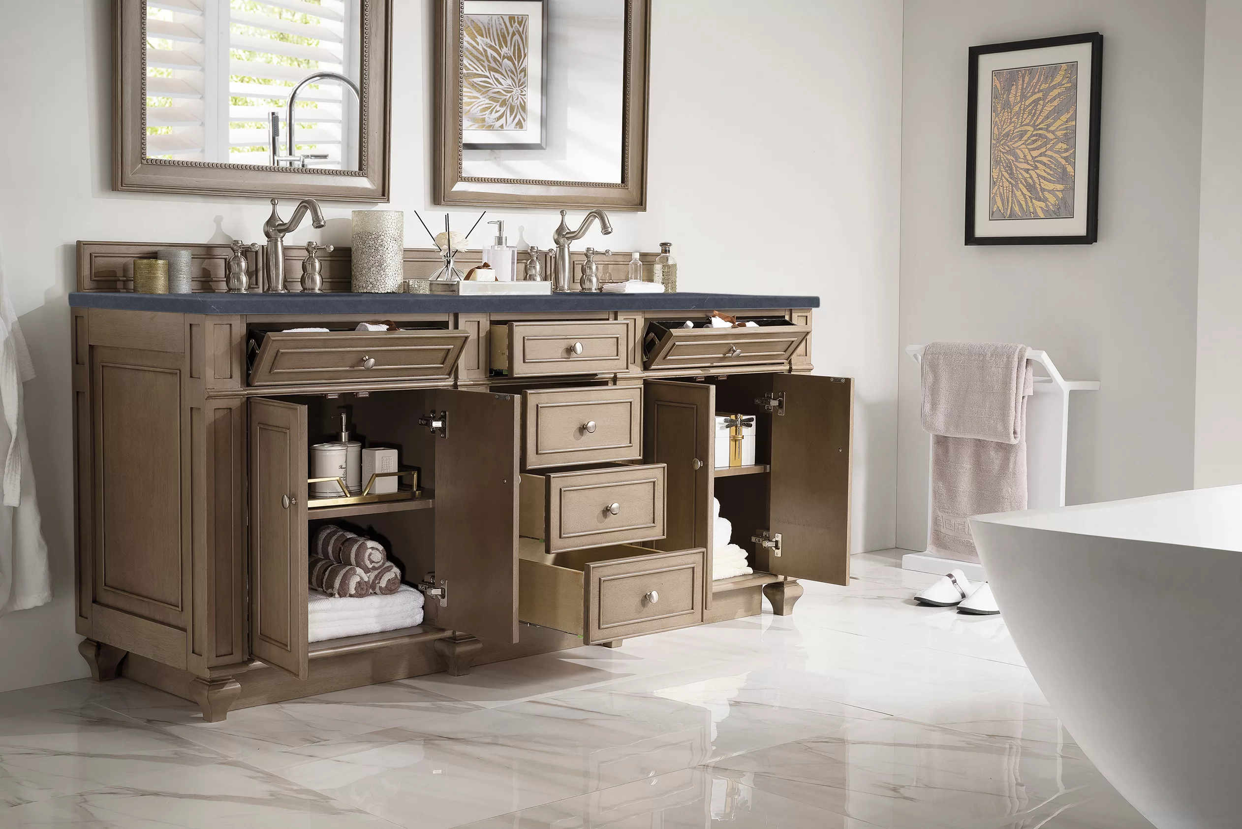 Bristol 72" Double Vanity, Whitewashed Walnut w/ 3 CM Charcoal Soapstone Quartz Top - Image 3