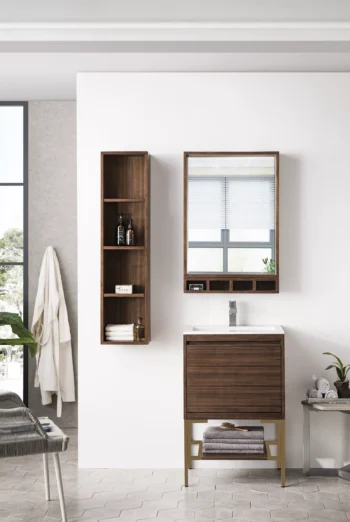 Milan 23.6" Single Vanity, Mid-Century Walnut, Radiant Gold w/ Glossy White Composite Stone Top - Image 2