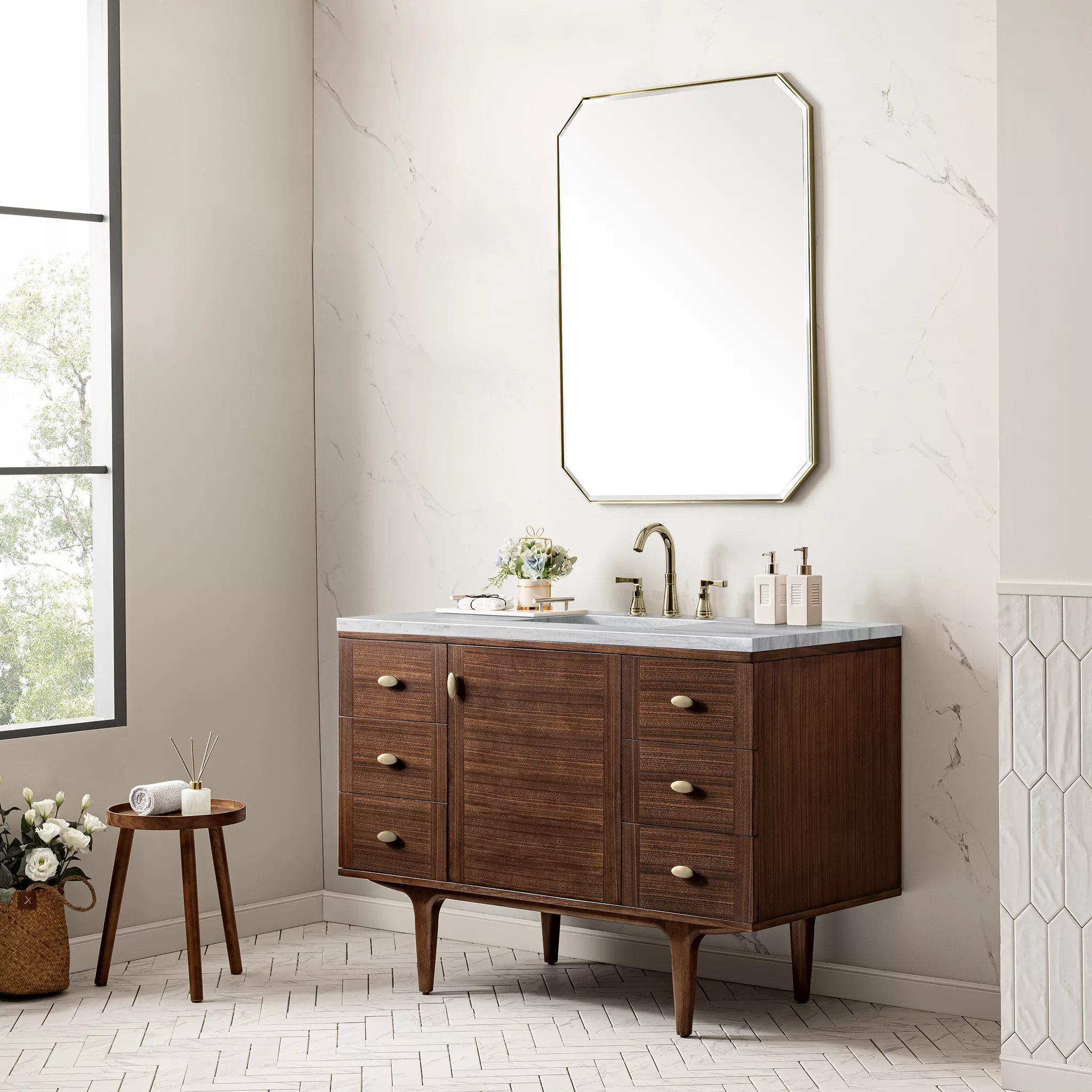 Amberly 48" Single Vanity, Mid-Century Walnut w/ 3 CM Arctic Fall Top - Image 5