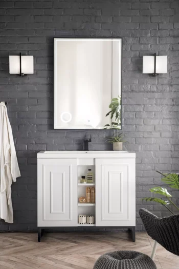 Alicante 39.5" Single Vanity, Glossy White, Matte Black w/ White Glossy Composite Stone Top - Image 2