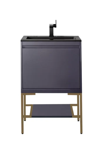 Milan 23.6" Single Vanity, Modern Gray Glossy, Radiant Gold w/ Charcoal Black Composite Stone Top