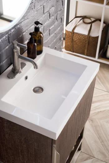 Columbia 24" Single Vanity, Coffee Oak, Brushed Nickel w/ White Glossy Composite Stone Top - Image 6