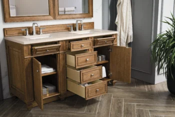 Bristol 60" Double Vanity, Saddle Brown w/ 3 CM Eternal Marfil Quartz Top - Image 4