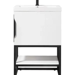 Columbia 24″ Single Vanity, Glossy White, Matte Black w/ White Glossy Composite Stone Top