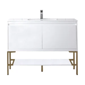 Milan 47.3″ Single Vanity, Glossy White, Radiant Gold w/ Glossy White Composite Stone Top