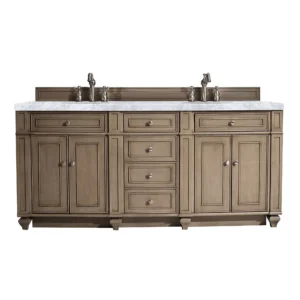 Bristol 72″ Double Vanity, Whitewashed Walnut w/ 3 CM Carrara Marble Top