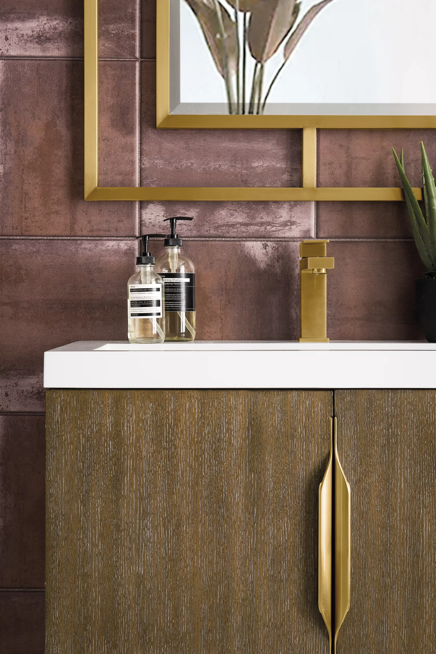 Columbia 31.5" Single Vanity, Latte Oak, Radiant Gold, w/ White Glossy Composite Stone Top - Image 7