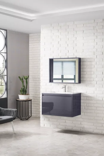 Milan 31.5" Single Vanity, Modern Gray Glossy w/ Glossy White Composite Stone Top - Image 3