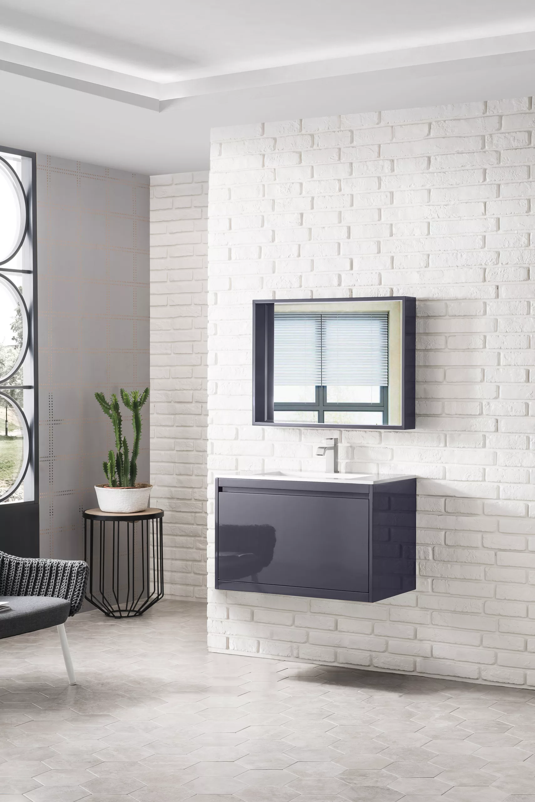 Milan 31.5" Single Vanity, Modern Gray Glossy w/ Glossy White Composite Stone Top - Image 3