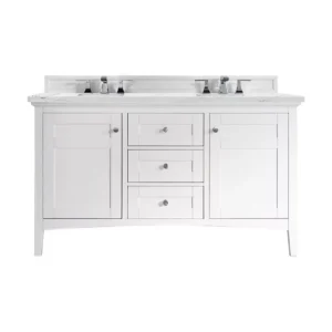 Palisades 60″ Double Vanity, Bright White w/ 3 CM Ethereal Noctis Quartz Top