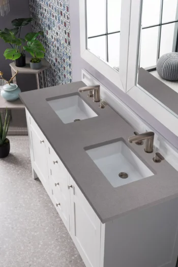 Palisades 60" Double Vanity, Bright White w/ 3 CM Grey Expo Quartz Top - Image 2
