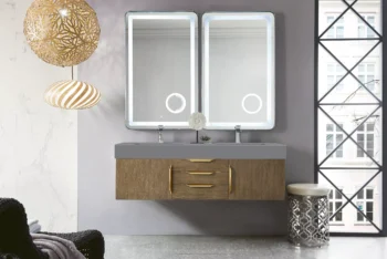 Mercer Island 59" Double Vanity, Latte Oak, Radiant Gold w/ Dusk Grey Glossy Composite Stone Top - Image 2