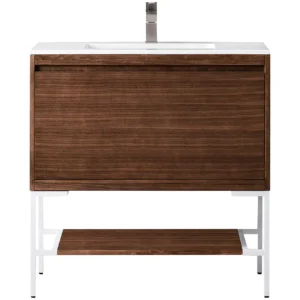 Milan 35.4″ Single Vanity, Mid-Century Walnut, Glossy White w/ Glossy White Composite Stone Top