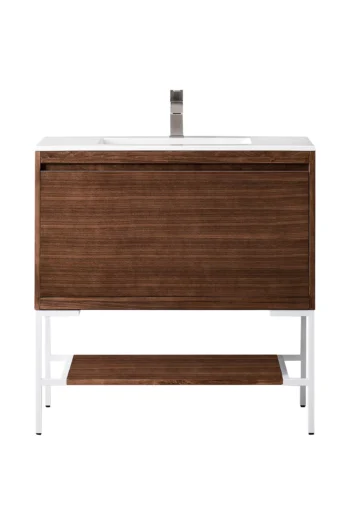 Milan 35.4" Single Vanity, Mid-Century Walnut, Glossy White w/ Glossy White Composite Stone Top