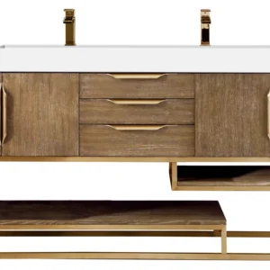 Columbia 72″ Double Vanity, Latte Oak, Radiant Gold w/ Glossy White Composite Stone Top