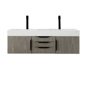 Mercer Island 59″ Double Vanity, Ash Gray, Matte Black w/ Glossy White Composite Stone Top