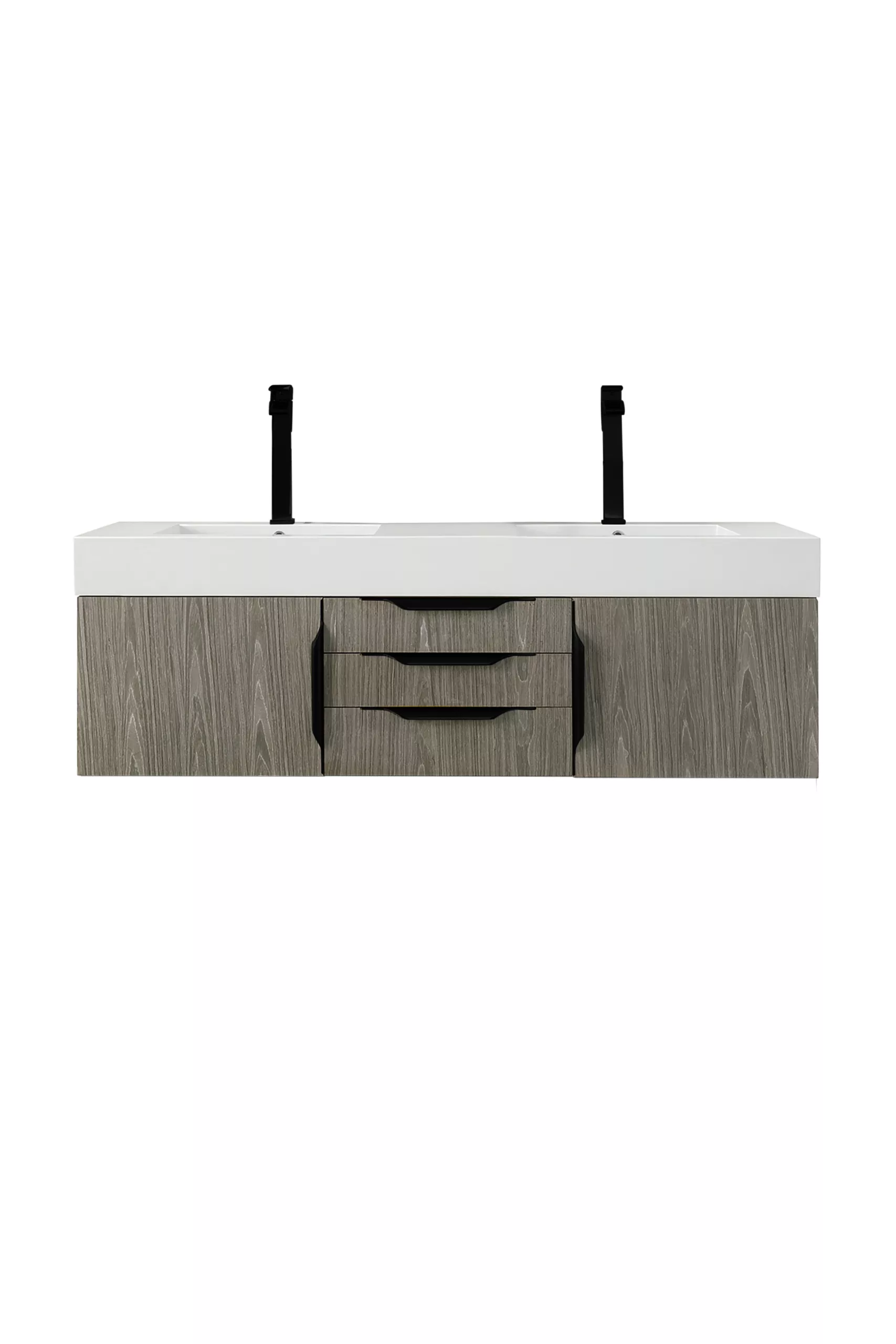 Mercer Island 59" Double Vanity, Ash Gray, Matte Black w/ Glossy White Composite Stone Top