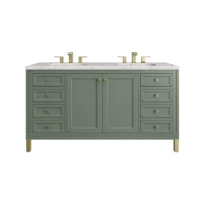 Chicago 60″ Double Vanity, Smokey Celadon w/ 3 CM Eternal Jasmine Pearl Top