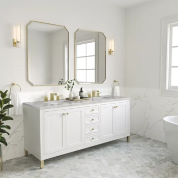 Chicago 72" Double Vanity, Glossy White w/ 3 CM Eternal Jasmine Pearl Top - Image 3