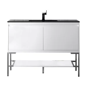 Milan 47.3″ Single Vanity, Glossy White, Brushed Nickel w/ Charcoal Black Composite Stone Top