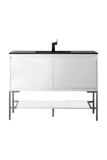 Milan 47.3" Single Vanity, Glossy White, Brushed Nickel w/ Charcoal Black Composite Stone Top