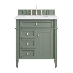 Brittany 30″ Single Vanity, Smokey Celadon w/ 3 CM White Zeus Top
